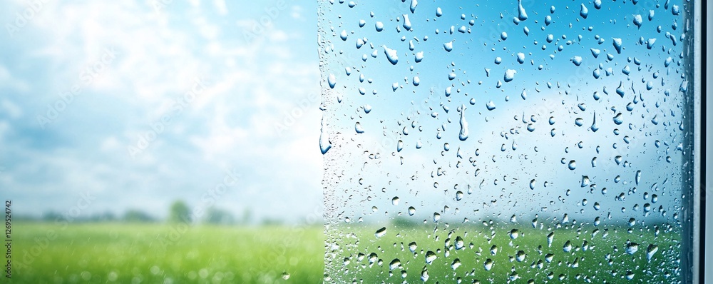 Aufkleber Water droplets are creating an abstract pattern on a glass window overlooking a green field