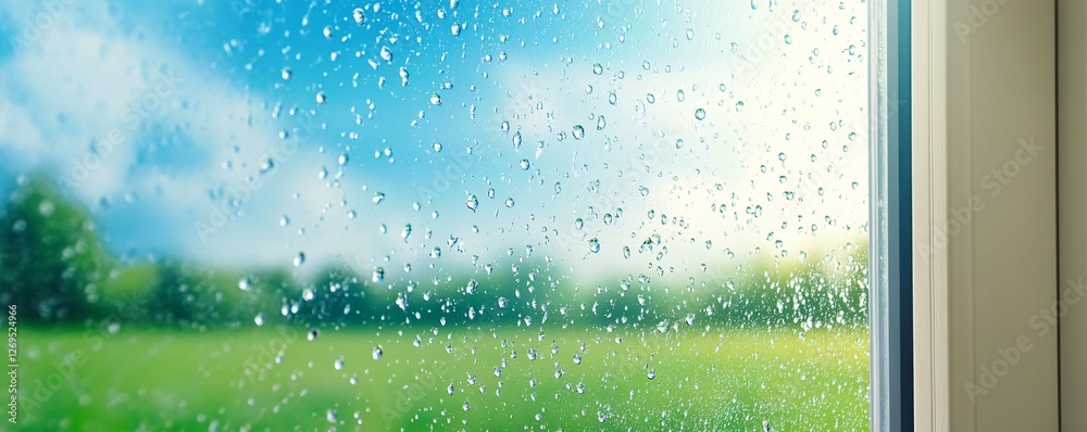 Aufkleber Raindrops forming on window with green field view in background