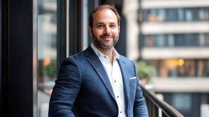 Naklejka premium Professional portrait of a corporate brand strategist in modern urban office space