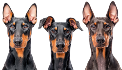 Three Doberman dogs with alert expressions and distinct features