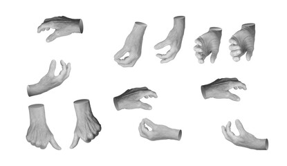 Set of elderly female hands in various gestures, including gripping, grabbing, pinching, and holding invisible objects. Wrinkled fingers emphasizing age, expression, and movement. Isolated on white