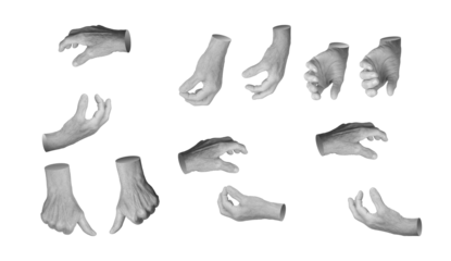 Set of elderly female hands in various gestures, including gripping, grabbing, pinching, and holding invisible objects. Wrinkled fingers emphasizing age, expression, and movement. Isolated on white