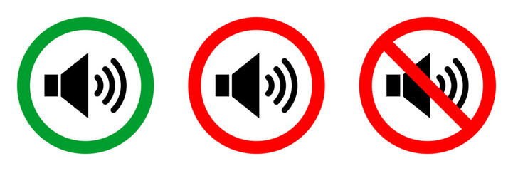 no sound or keep silence red circle sign, green allowed round vector icon, 3 pictogram collection