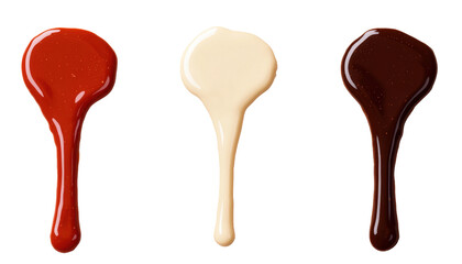 Rich chocolate drips in three colors dark, milk, and white, creating tempting display