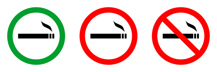 no smoking zone red circle sign, green allowed round vector icon, 3 pictogram collection