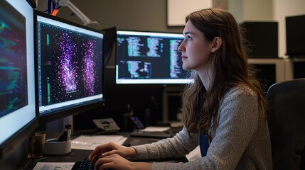 Ai research breakthrough scientist analyzing data in high-tech lab environment focused on advanced technology