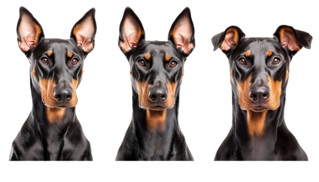 Three Doberman dogs with distinct expressions on transparency background