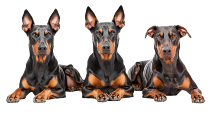 Three Doberman dogs lying down separately, showcasing their sleek fur and alert expressions