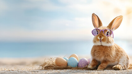 Cute bunny with sunglasses sitting by colorful easter eggs on beach, holiday vacation