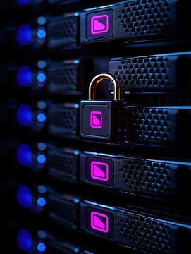 Close-up of a secure server with glowing lights and a padlock symbol, representing data protection.