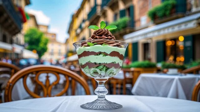  delicious parfait chocolate mint dessert on a table on a street in Italy sunny summer day

