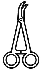A black and white icon of a pair of curved hemostatic forceps a surgical instrument used in dentistry and medicine for clamping holding or cutting tissue during procedures.
