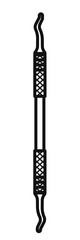 A black and white icon of a dental scaler, a specialized instrument used in dentistry for removing plaque tartar and calculus buildup from teeth surfaces.