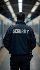 Professional Security Guard Patrolling Train Station Platform for Public Safety and Surveillance