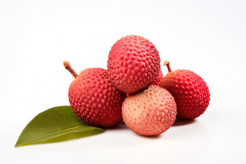 Bunch of red lychee with green leaves.