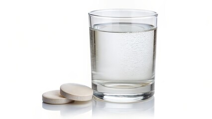 Tablets and Glass of Water on White Background