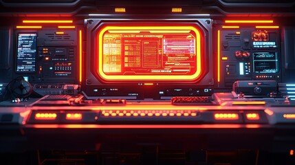 Futuristic control panel displays code; red lights illuminate dark sci-fi interior; website background