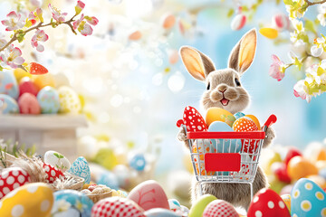 Cheerful bunny with shopping cart of colorful easter eggs in a blooming garden