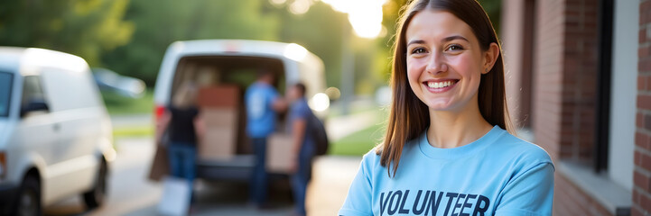 Smiling Caucasian Woman Volunteer Helping Unload Boxes, Charity