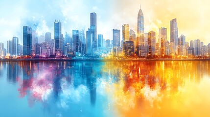 Fototapeta premium Cityscape, dual sunrise sunset, waterfront reflection, contrasting weather, urban development.