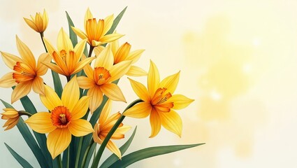 Vibrant yellow daffodils in realistic botanical style against soft backdrop