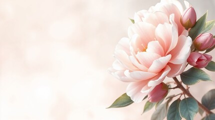 Dreamy pink camellia buds in soft focus with ethereal background