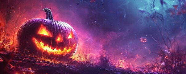 Halloween pumpkin burning in a spooky forest fire