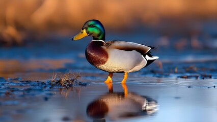 A colorful mallard duck standing in shallow water, reflecting its image on the surface, surrounded by natural scenery. Concept Mallard Duck Reflection, Shallow Water Beauty, Natural Scenery
