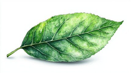 Obraz premium A single green leaf with water droplets is shown