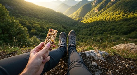 Person enjoying granola bar on mountain peak breathtaking view Healthy snack during hike