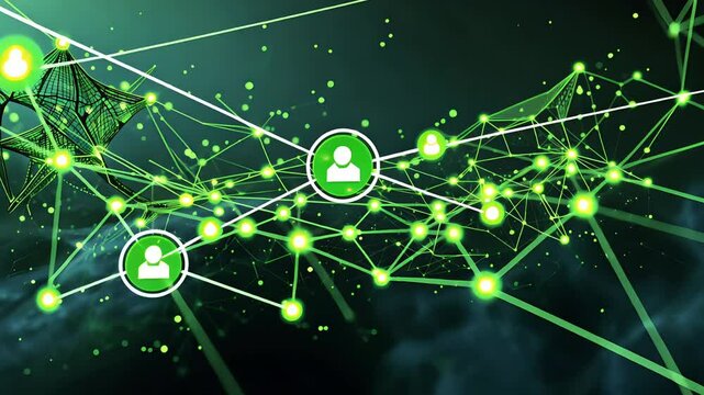 Abstract green glowing network with cybersecurity and digital connections in a futuristic setting