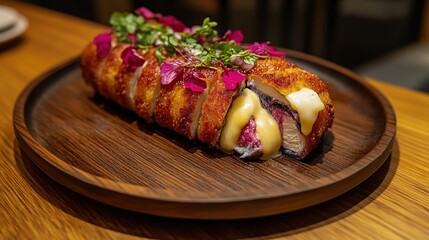 Chicken Cordon Bleu with an extra crispy breading, served with a side of fresh vegetables and a rich garlic cream sauce 