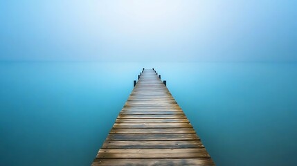 Fototapeta premium Wooden pier extending into a misty blue lake