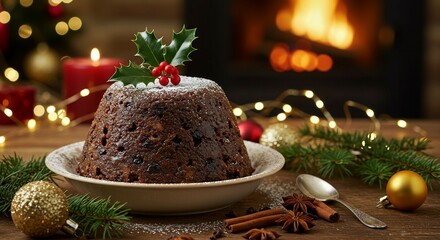 Delicious Christmas Pudding Festive Dessert with Holly and Berries