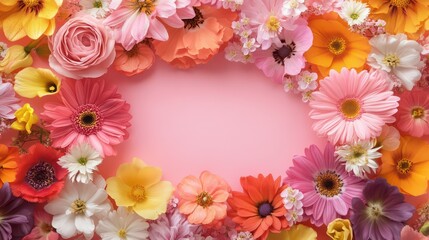 Obraz premium Colorful floral frame for mother's day, birthday, or valentine day celebrations. Horizontal banner. Copy space. Holiday template with flowers