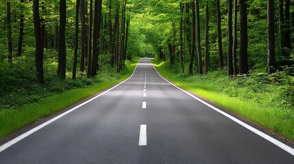 Obraz premium Asphalt Road Through Lush Green Forest Canopy