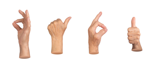 Set of elderly female hands making various approval gestures, including thumbs up and OK sign. Wrinkled fingers emphasizing age, positivity, and agreement. Isolated on white background.