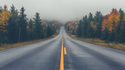 Misty Autumn Road Through Colorful Forest Trees