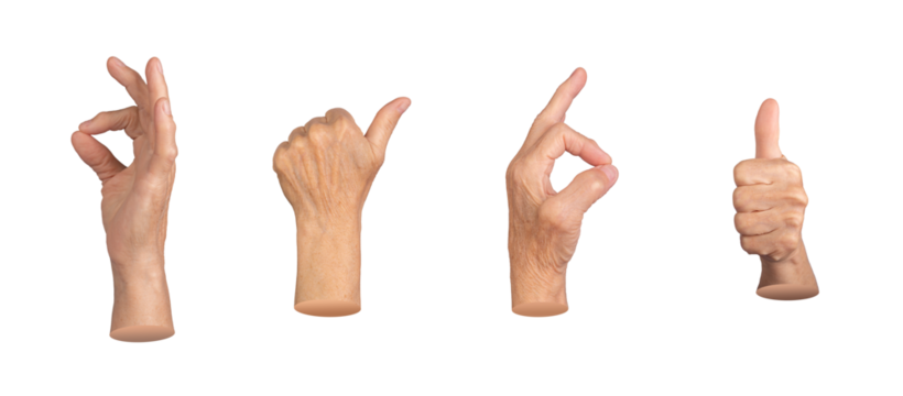 Set of elderly female hands making various approval gestures, including thumbs up and OK sign. Wrinkled fingers emphasizing age, positivity, and agreement. Isolated on white background.