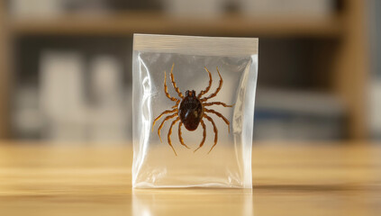 tick in a plastic bag lying on a wooden surface symbolizes food safety, pollution, fear, or a scientific experiment.