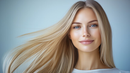 Fototapeta premium Young Happy Blonde Woman with Long, Silky, Straight Hair and Healthy Ends, Beauty Portrait, Hairdo with Shiny Babylights and Natural Highlights, Nude Makeup, Light Background.