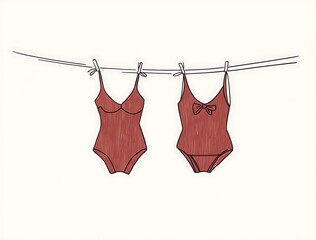Two Red Swimsuits Hanging Dry on a Clothesline in a Bright White Clean Space, Graphic Art
