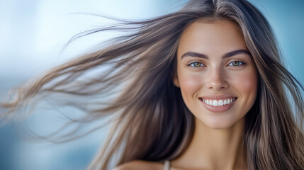 Fototapeta premium Happy Brunette Woman with Silky, Straight Hair and Healthy Ends, Natural Beauty Portrait with Fluttering Hair, Casual and Elegant Look, Light Background.