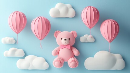 Cute Pink Teddy Bear Surrounded by Paper Balloons and Clouds Background