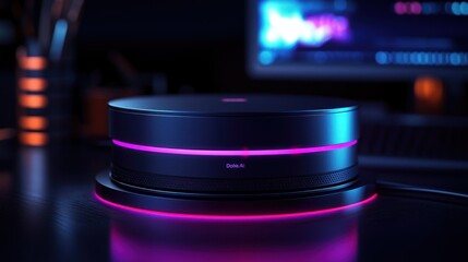 Futuristic device on desk, glowing, data analysis on screen