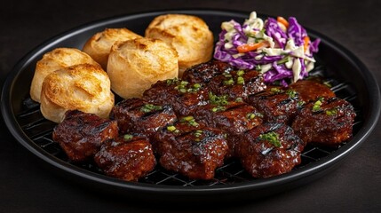 Fototapeta premium Plate of jamaican jerk pork with bread on a table ready to serve for a delicious meal