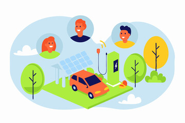 Fototapeta premium Electric car charging with solar energy in an eco-friendly environment