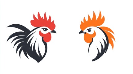 Two stylized rooster profiles, profile view, design elements, graphic illustration, print media