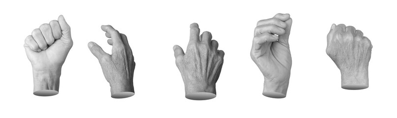 Set of elderly female hands making various gestures, including clenched fist, grabbing, reaching,...