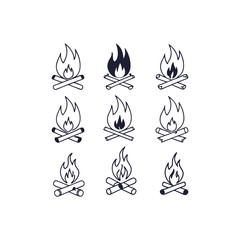 Collection of fire icons featuring various flame symbols. Conceptual fire designs, including bonfire silhouettes and flat-style flame symbols. A versatile set of fire-themed icons.